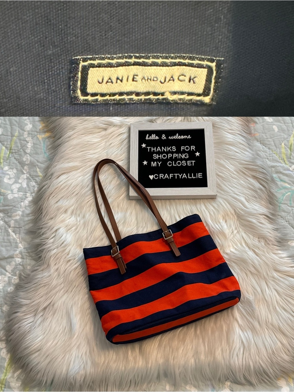 Janie and Jack Navy and Orange Striped Canvas Tote with Brown Handles